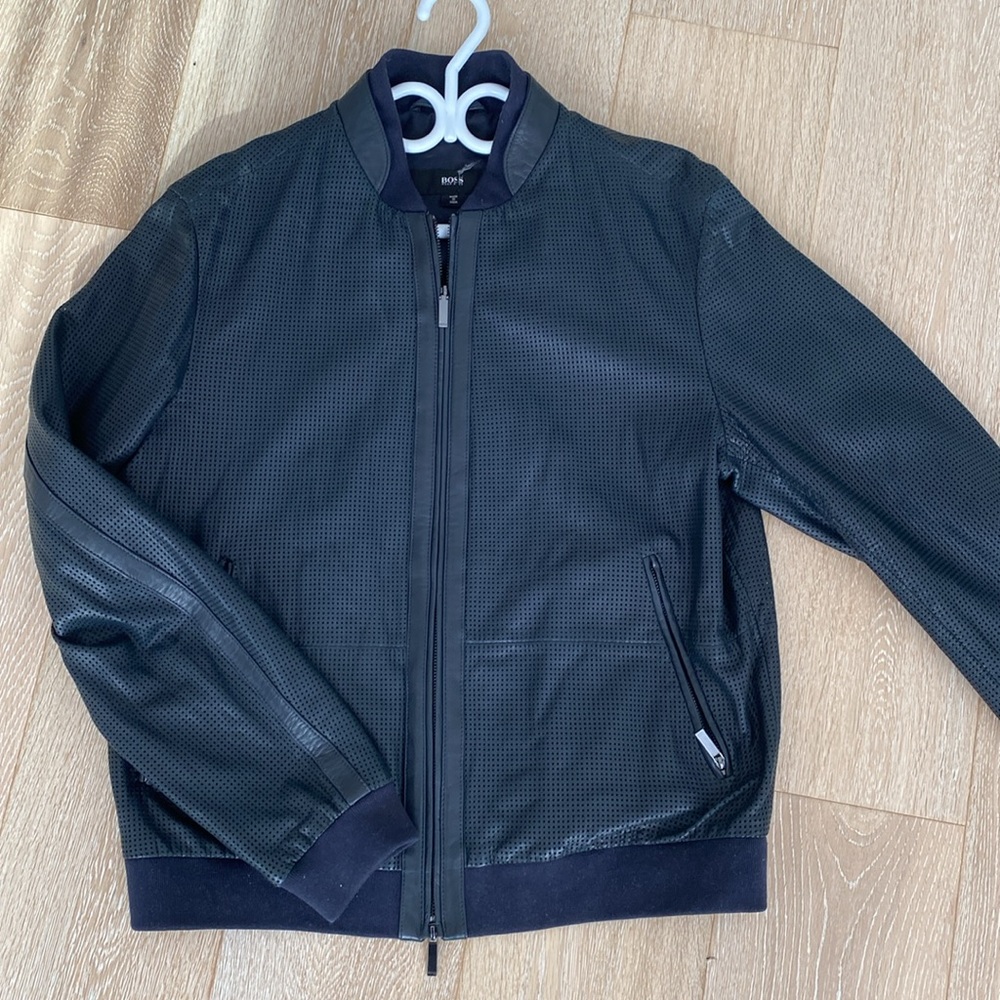 Boss Black Perforated Leather Bomber Jacket
